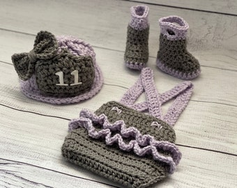 Baby Girl Fireman Hat Outfit 4pc Crochet Diaper Cover Set w/Susp, Ruffles, Bow, Boots, Newborn, 0-3M, Photo Prop - MADE TO ORDER