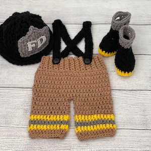 Babyjongen brandweerman brandweerman hoed outfit 4-delige gehaakte broekset met ophanging en laarzen, pasgeboren, 0-3 m, fotorekwisiet - MADE TO ORDER