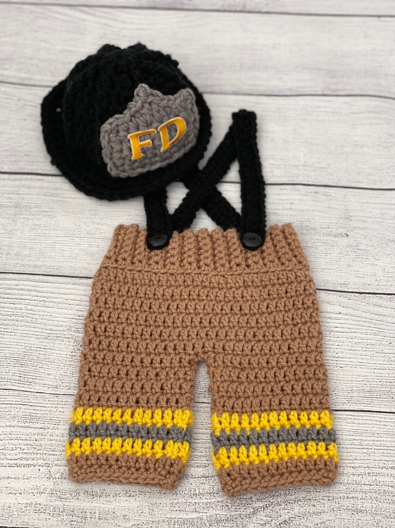 Baby Boy Firefighter Fireman Hat Outfit 4pc Crochet Pant Set w/Susp and Boots, Newborn, 0-3M, Photo Prop MADE TO ORDER Helmet/Pants Only