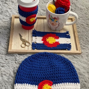 3 Crochet PATTERN Bundle The Colorado Trio Beanie, Cup Cozy and Mug Rug/Coaster image 2