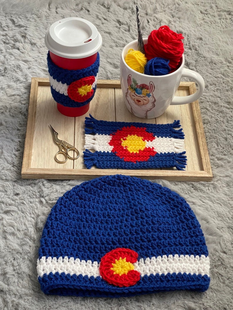 3 Crochet PATTERN Bundle The Colorado Trio Beanie, Cup Cozy and Mug Rug/Coaster image 2