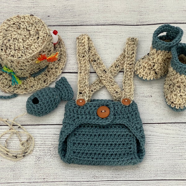 Baby Boy Fisherman Hat Outfit 5pc Crochet Short Set w/Susp, Fish & Boots, Newborn, 0-3M, Photo Prop - MADE TO ORDER