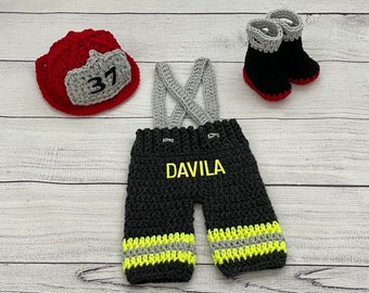 Baby Boy Firefighter Fireman Hat Outfit 4pc Crochet Pant Set w/Susp and Boots, Newborn, 0-3M, Photo Prop - MADE TO ORDER