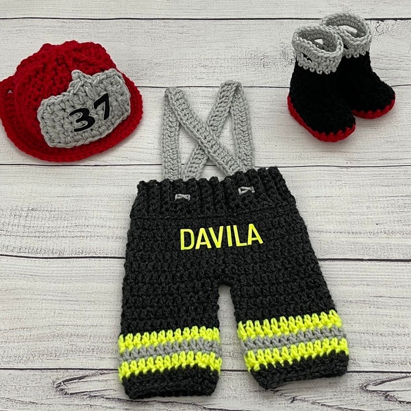 Baby Boy Firefighter Fireman Hat Outfit 4pc Crochet Pant Set w/Susp and Boots, Newborn, 0-3M, Photo Prop - MADE TO ORDER