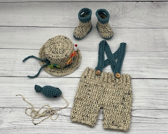 Ensemble court au crochet 5 pièces avec chapeau de pêcheur bébé garçon, poisson et bottes, nouveau-né, 0-3 M, accessoire photo - sur commande