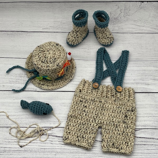 Baby Boy Fisherman Hat Outfit 5pc Crochet Short Set w/Susp, Fish & Boots, Newborn, 0-3M, Photo Prop - MADE TO ORDER