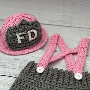 Baby Girl Firefighter Fireman Hat Outfit 5pc Crochet Diaper Cover and Pant Set w/Susp, and Boots, Newborn, 0-3M, Photo Prop MADE TO ORDER 画像 4