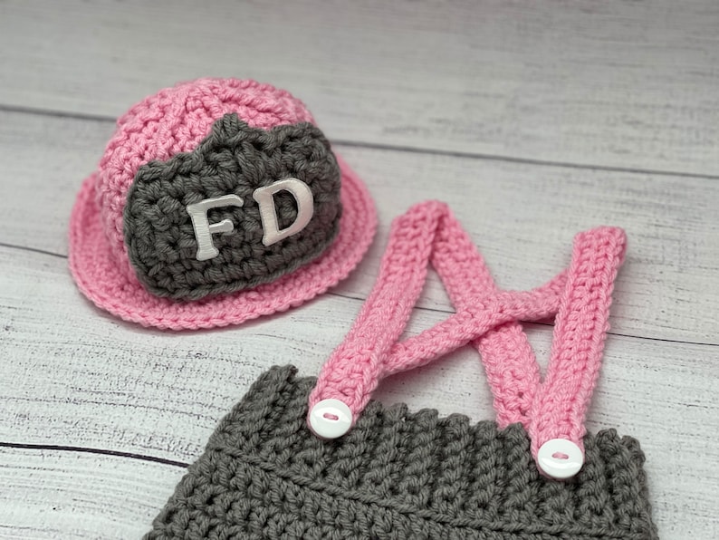Baby Girl Firefighter Fireman Hat Outfit 5pc Crochet Diaper Cover and Pant Set w/Susp, and Boots, Newborn, 0-3M, Photo Prop MADE TO ORDER 画像 4