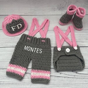 Baby Girl Firefighter Fireman Hat Outfit 5pc Crochet Diaper Cover and Pant Set w/Susp, and Boots, Newborn, 0-3M, Photo Prop MADE TO ORDER 画像 2