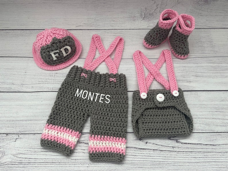 Baby Girl Firefighter Fireman Hat Outfit 5pc Crochet Diaper Cover and Pant Set w/Susp, and Boots, Newborn, 0-3M, Photo Prop MADE TO ORDER 画像 2