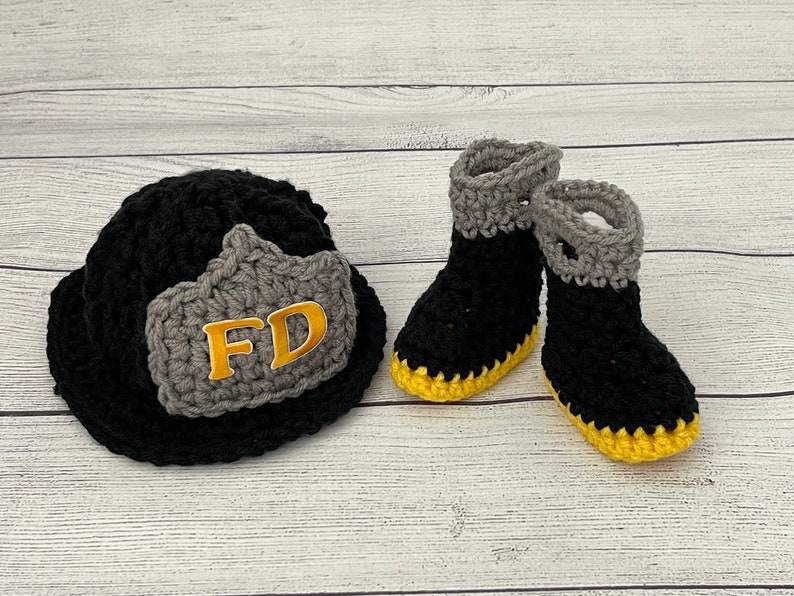 Baby Boy Firefighter Fireman Hat Outfit 4pc Crochet Pant Set w/Susp and Boots, Newborn, 0-3M, Photo Prop MADE TO ORDER Boots/Helmet Only