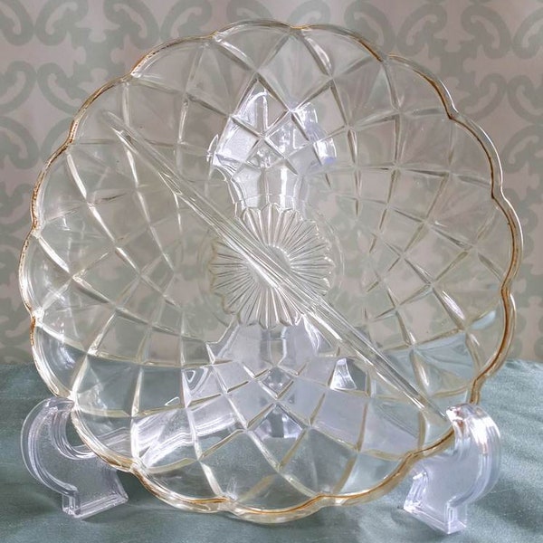 Vintage Hazel Atlas Clear Glass Divided Relish Dish gold trim