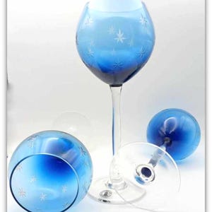 Vintage Stemware Set of 3 Blue Starburst Long Stem MCM Etched Wine Glasses
