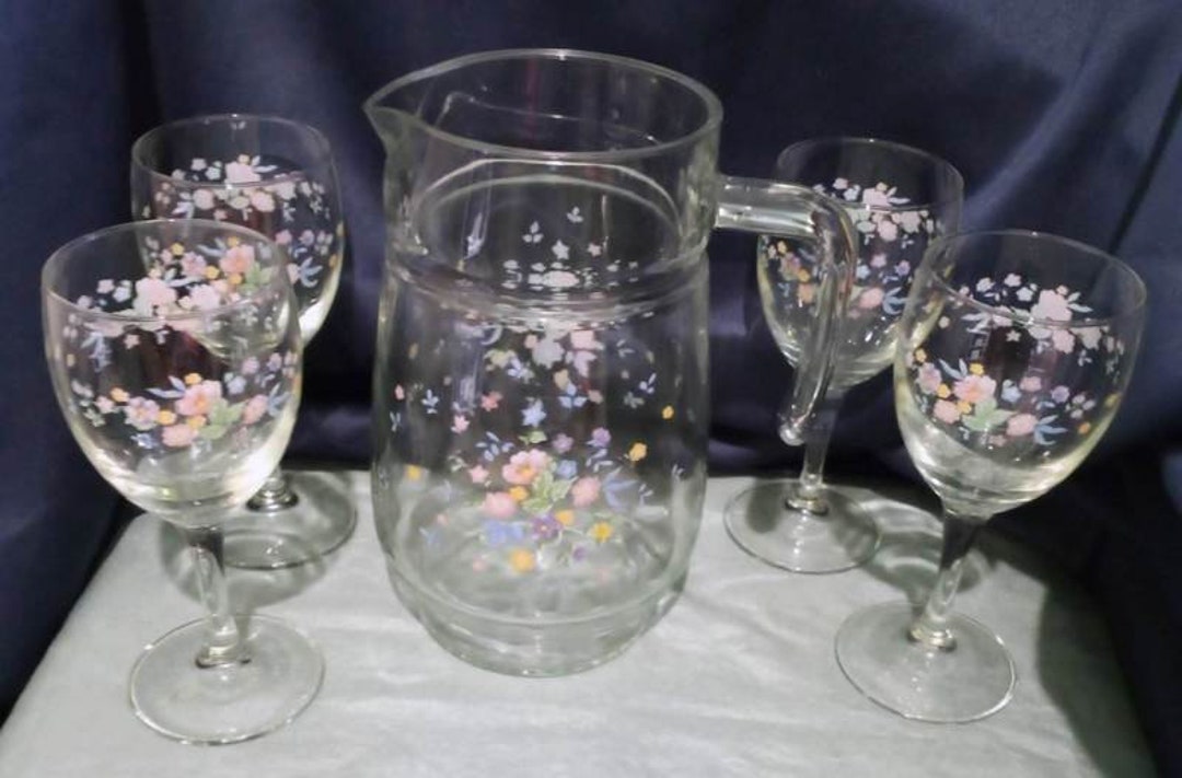Vintage Glassware Pitcher and 4 Wine Glasses Victoria by Etsy