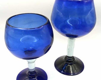 Vintage Blue Hand-Blown Glass Wine Goblets  Set of 2