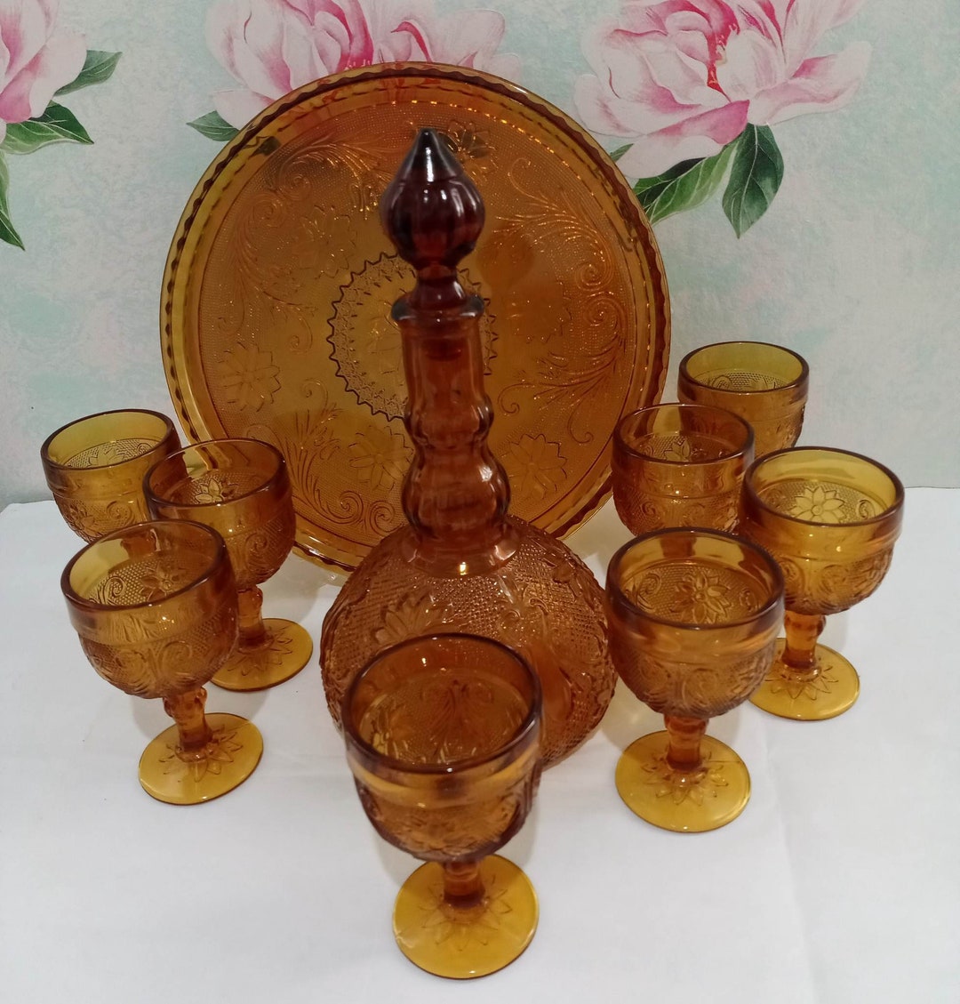 Vintage Tiara Amber Glass Decanter Set W/tray/glasses MCM Barware Decor