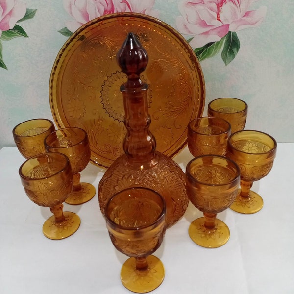 Tiara Amber Glass Decanter Set w/Tray/glasses MCM Barware Decor