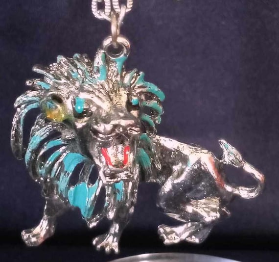Vintage Chain and Rhinestone Lion Pendant Necklace - image 1