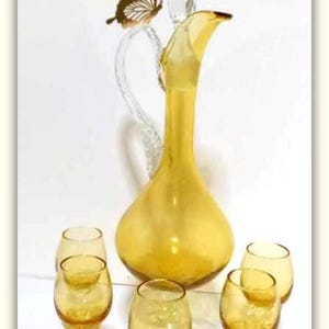 Vintage  Italian Hand Blown Decanter Set w/Stopper and Cordial Glasses