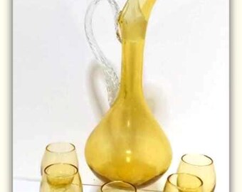 Vintage  Italian Hand Blown Decanter Set w/Stopper and Cordial Glasses