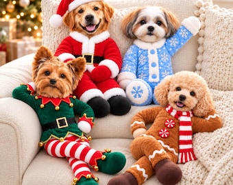 May include: Four plush dog toys dressed in holiday outfits: one in a red Santa suit, one in a blue snowflake-patterned pajama set, one in a green and red elf costume with bells, and one in a brown gingerbread man suit with a striped scarf.