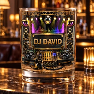 May include: A clear glass tumbler featuring a printed graphic of a DJ booth with speakers, a mixing console, a disco ball, and stage lighting. The center of the design displays the text DJ DAVID in gold lettering against a dark rectangular plaque.