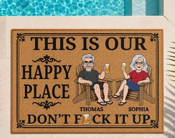 Personalized Funny Couple Doormat, Custom Happy Place Doormat, Funny Welcome Mat, Anniversary Gift, Housewarming Gift For Couple