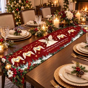 May include: A red Christmas table runner featuring a snowy forest border, poinsettias, and hanging heart-shaped angel wings with the names Emma, Sophia, Olivia, and Ava, plus the text: We know you would be here today if heaven wasn't so far away.