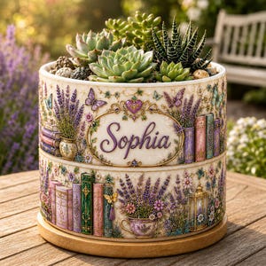May include: A cylindrical ceramic planter featuring a cream-colored base with illustrations of lavender, books, butterflies, and a teacup. The name Sophia is printed in purple script within a central oval frame. The planter holds various green succulents.