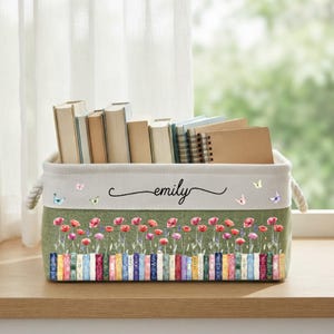 Personalized Book Storage Basket, Custom Book Lover Storage Bin, Reader Gift, Bookworm Decor, Library Organization Basket