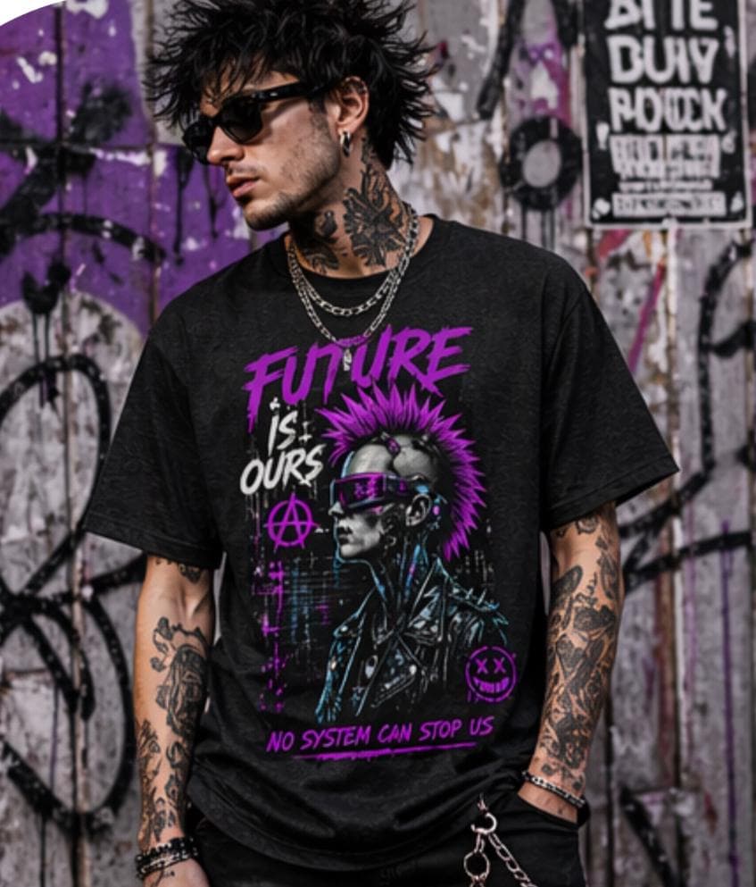 【MYne】CYBER PUNK WORK SHIRT/G03SH121 Cyberpunk Punk Mohawk Skull Future is Ours Tee | Anarchy Graphic T