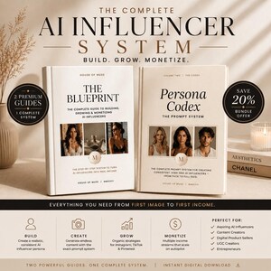 May include: Two hardcover books titled "The Blueprint" and "Persona Codex" with the text "The Complete AI Influencer System." The books are part of a bundle offer, with a 20% discount. The image also includes text about building, growing, and monetizing.