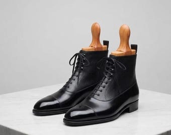 Botas Balmoral negras para hombre / Botas Oxford de cuero granulado hechas a mano / Botas de vestir con cordones / Botines formales