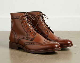 Handmade Brown Leather Wingtip Brogue Boots | Men's Lace-Up Ankle Dress Footwear