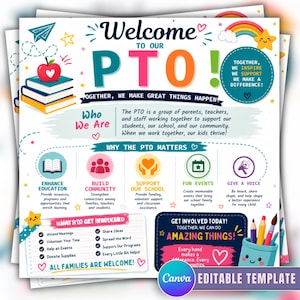 Könnte beinhalten: Ein bunter Informationsflyer mit der Überschrift Welcome to our PTO, verziert mit Illustrationen von Büchern, einem Regenbogen und Sternen. Er enthält Abschnitte über den Zweck der Organisation, das Engagement der Gemeinschaft und Teilnahmemöglichkeiten.