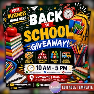 May include: A Back to School Giveaway flyer featuring a stack of colorful books, a red apple, a yellow backpack, a pencil holder with colored pencils, and icons for arts, carnival games, family fun, and food trucks, with text 10 AM - 5 PM.
