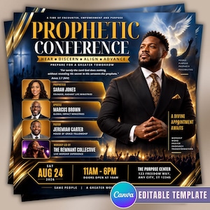 May include: A flyer for a Prophetic Conference on August 24, 2026, featuring a man in a black suit and gold tie. The design includes gold text, a dove graphic, and photos of four speakers: Sarah Jones, Marcus Brown, Jeremiah Carter, and The Remnant Collective.