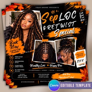 May include: A promotional flyer for a hair salon featuring text that reads SepLOC & RETWIST Special, Book Now, and Healthy Locs Happy You. The design includes images of individuals with loc hairstyles, orange autumn leaves, and service details.