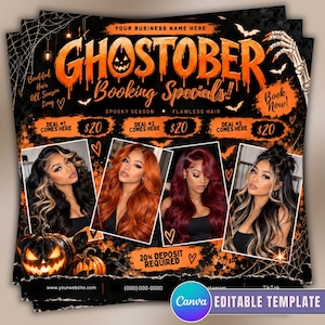 May include: A black and orange Halloween-themed flyer titled GHOSTOBER Booking Specials. It features four photos of people with different hair colours, a glowing jack-o'-lantern, spider webs, and text fields for business name and booking details.