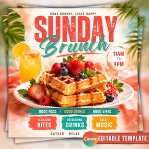 Flyer modifiable pour brunch du dimanche, promotion de brunch, brunch d'été du dimanche, flyer pour événement brunch en club, modèle Canva modifiable à faire soi-même