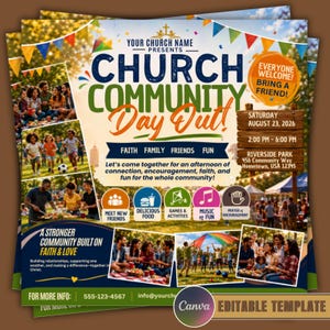 May include: A flyer for a Church Community Day Out event on August 23, 2026, at Riverside Park. The design features colorful bunting, photos of people gathering, and text including "Faith, Family, Friends, Fun" and "Everyone Welcome! Bring a Friend!"