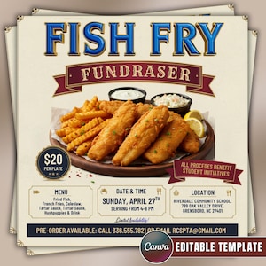 Può includere: Un volantino per una raccolta fondi Fish Fry con un piatto di pesce fritto, patatine fritte, insalata di cavolo e spicchi di limone. Il testo include i dettagli dell'evento per domenica 27 aprile presso la Riverdale Community School, Greensboro.
