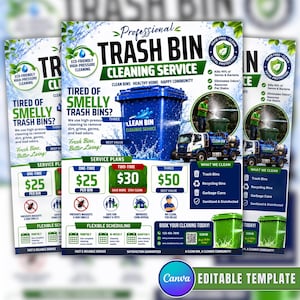 May include: A professional trash bin cleaning service flyer featuring a large blue bin, a cleaning truck, and text detailing service plans, pricing, and benefits. The design includes green and blue accents, icons, and contact information for scheduling.