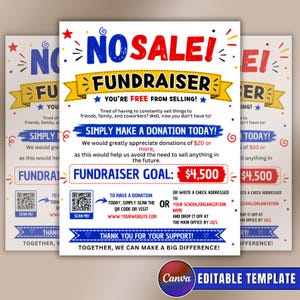 Może przedstawiać: Szablon ulotki zbiórki pieniędzy z czerwonym, niebieskim i żółtym tekstem na białym tle. Tekst brzmi NO SALE! FUNDRAISER, YOU'RE FREE FROM SELLING!, SIMPLY MAKE A DONATION TODAY!, FUNDRAISER GOAL: $4,500, i zawiera kod QR do przekazywania darowizn.