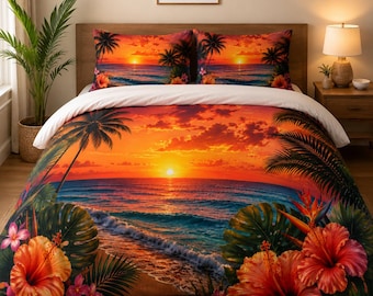 Juego de cama de algodón con funda nórdica de playa con diseño de puesta de sol tropical, palmeras, olas del océano e hibisco.