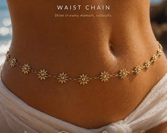Gold Silver Daisy Waist Chain, Adjustable Body Jewelry, Summer Beach Accessory