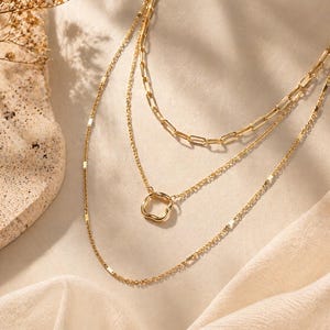 Layered Gold Necklace Set, Dainty 3 Chain Choker, 14K Plated Jewelry