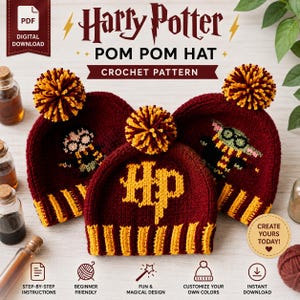 May include: Three maroon and yellow crochet pom pom hats featuring Harry Potter themed designs. The hats display a character graphic, the letters Hp, and a second character graphic. Each hat is topped with a multi-coloured yarn pom pom.