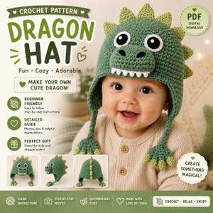 May include: A digital crochet pattern for a green dragon hat with white teeth, black and white eyes, and a spiked crest. The document includes text such as CROCHET PATTERN DRAGON HAT, PDF DIGITAL DOWNLOAD, and CREATE SOMETHING MAGICAL, alongside three small photos showing the hat from different angles.