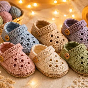 May include: A collection of six crocheted clogs in various pastel colours including light blue, beige, lavender, pink, cream, and sage green. Each shoe features a rounded toe with circular ventilation holes and a side strap secured by a brown button.